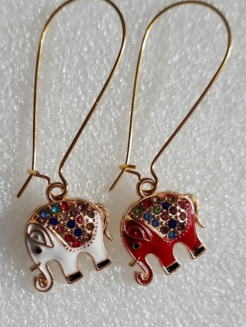Cute Elephant Drop Earrings - Red & White with Multicolor Rhinestones